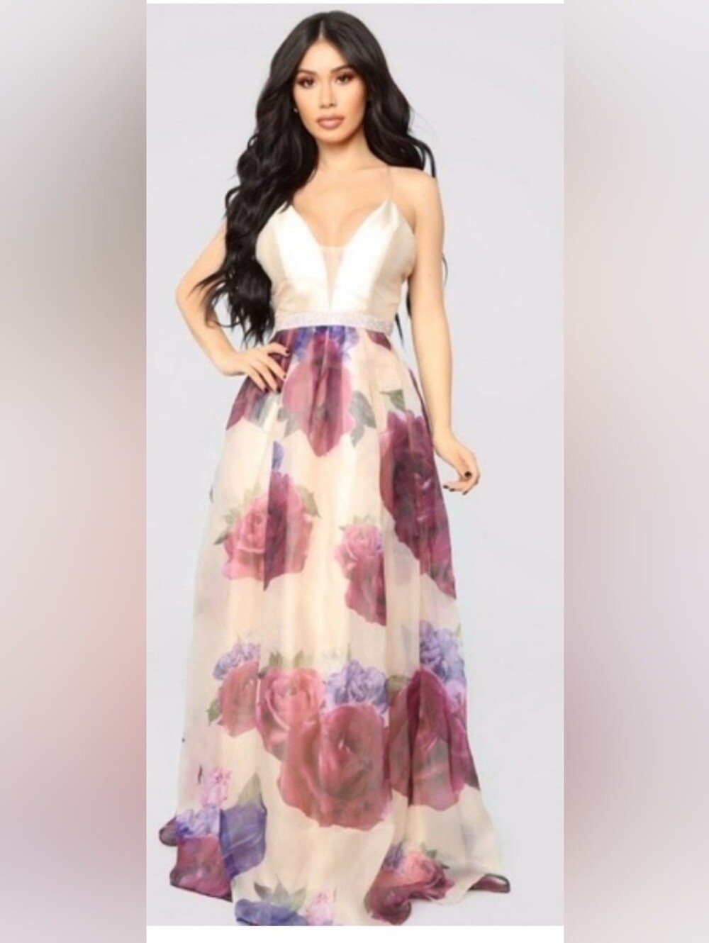 Fashion Nova Cream Maxi Dress with Pink and Purple Floral Print